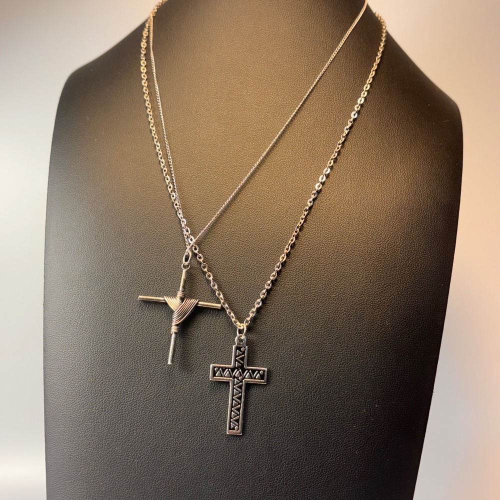 Vintage Cross Necklace Set Silver Tone Wire Wrapped Etched Goth Boho Chic